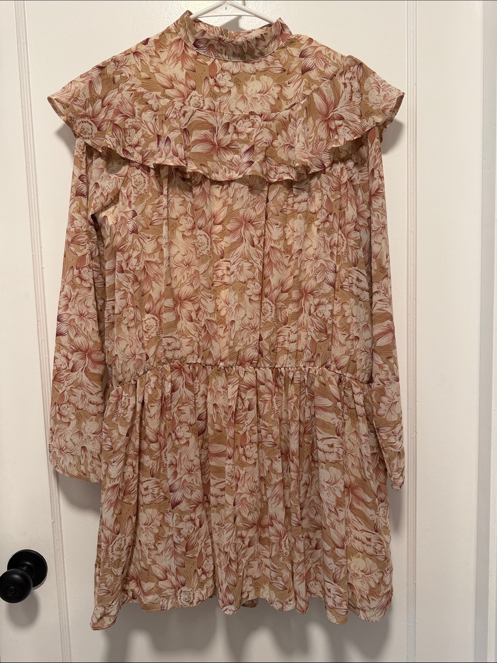 Nasty Gal Beige Dress with Dusty Rose Floral Print - frill yoke mini smock dress